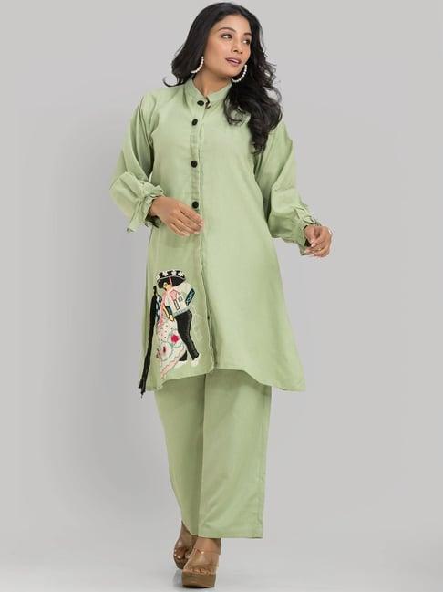 zolo label green cotton embroidered kurti palazzo set