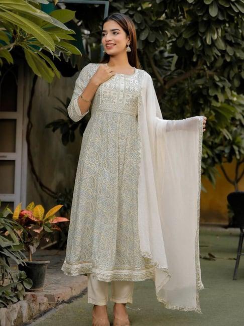 zolo label grey printed kurta with pant & dupatta