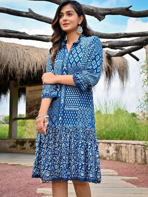 zolo label indigo blue cotton printed a-line dress