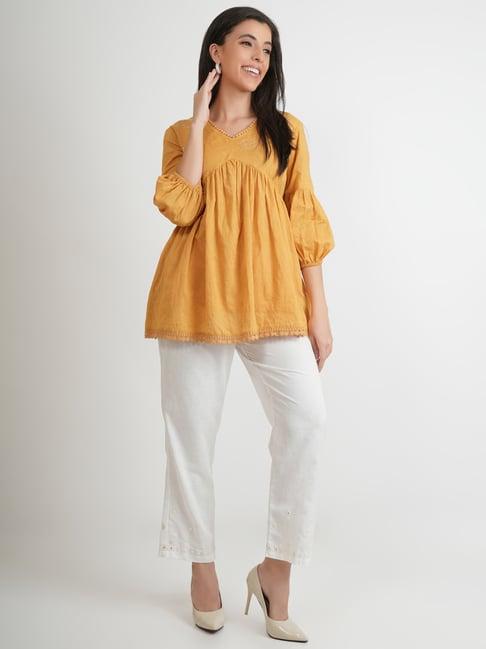 zolo label mustard cotton embroidered top