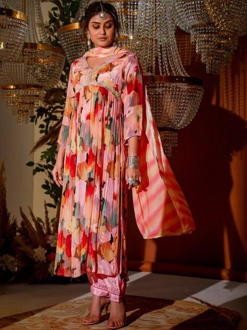 zolo label peach printed kurta salwar set with dupatta