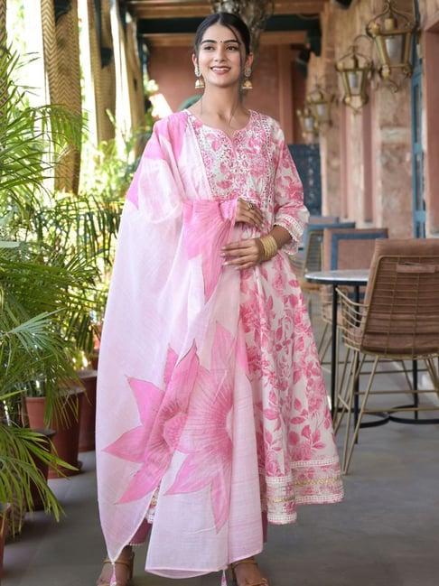 zolo label pink floral print anarkali kurta with pant & dupatta