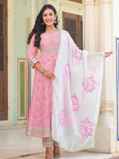 zolo label pink printed anarkali kurta with pant & dupatta