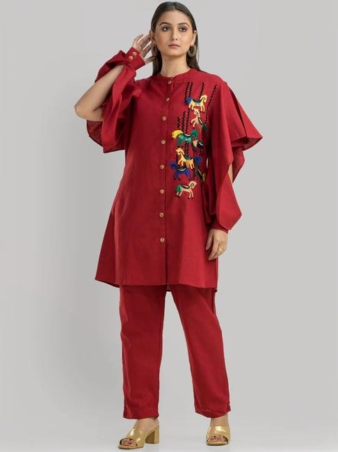 zolo label red cotton embroidered kurti pant set