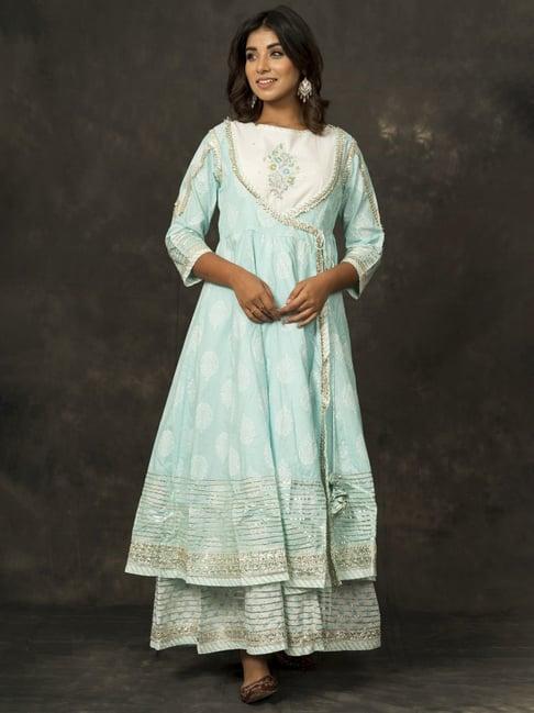 zolo label sky blue cotton embroidered kurta and skirt set