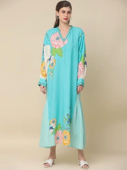 zolo label sky blue cotton floral print maxi dress