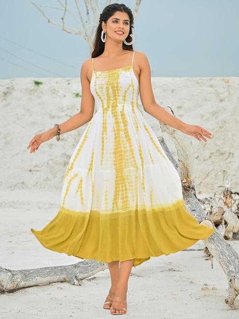 zolo label white & yellow printed a-line dress