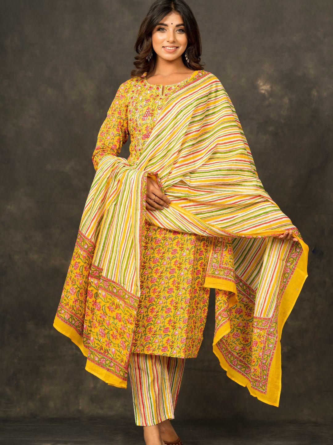 zolo label women mustard yellow pure cotton kurti with trousers & with dupatta