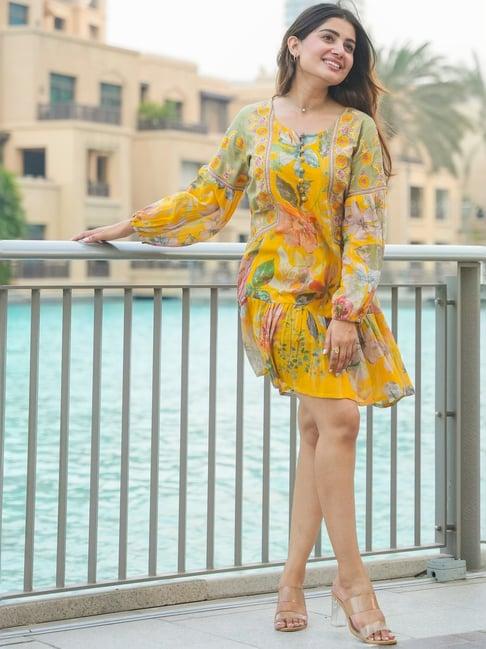 zolo label yellow cotton floral print a-line dress