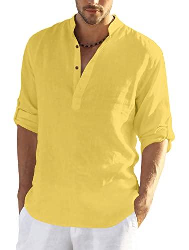 zombom men's solid cotton blend regular fit full sleeve straight kurta shirt, yellow, x-large, pack of 1