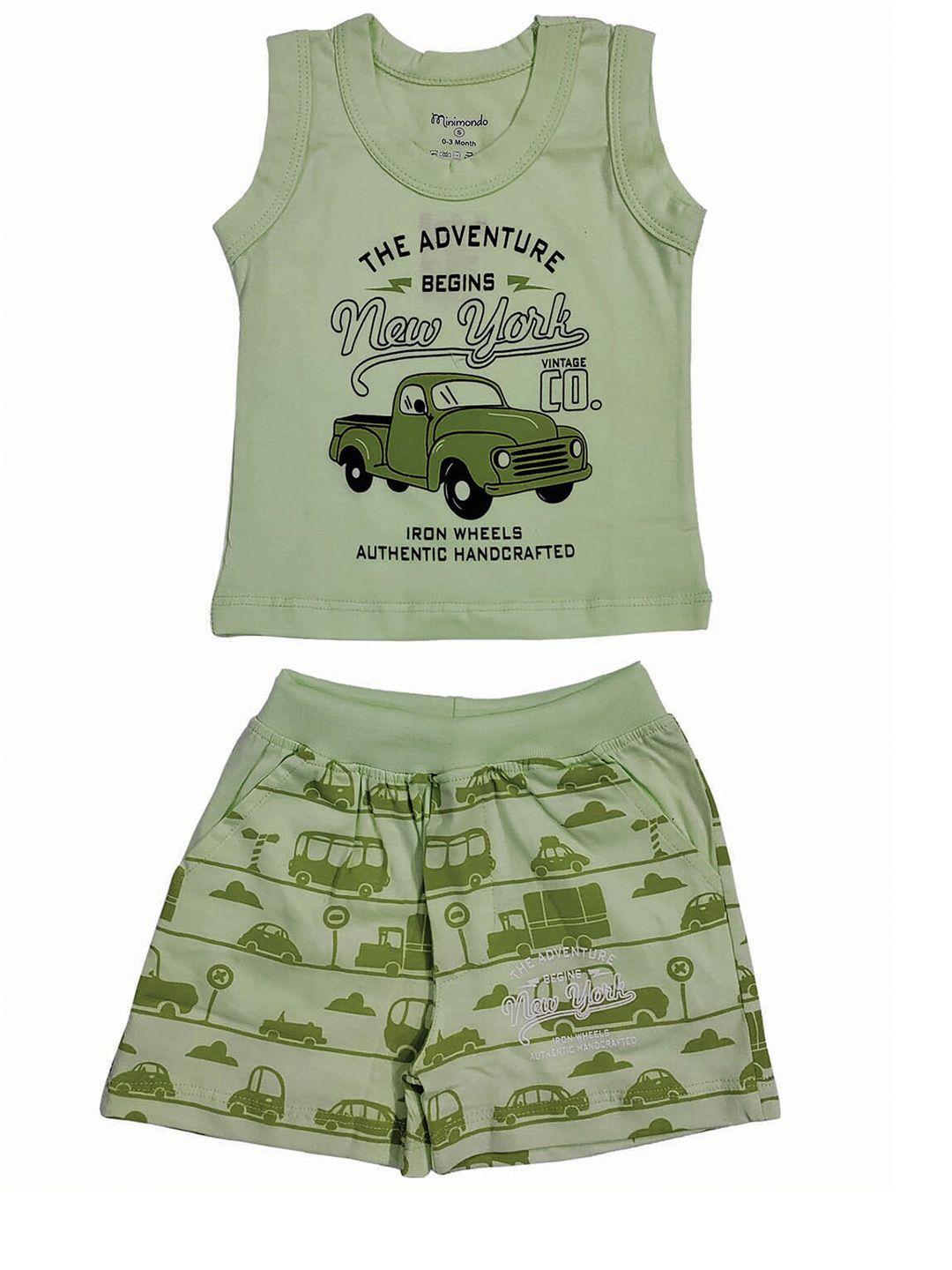 zoom minimondo kids sea green printed pure cotton t-shirt with shorts