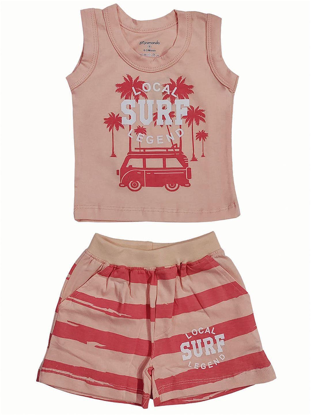 zoom minimondo unisex kids peach-coloured & red printed t-shirt with shorts