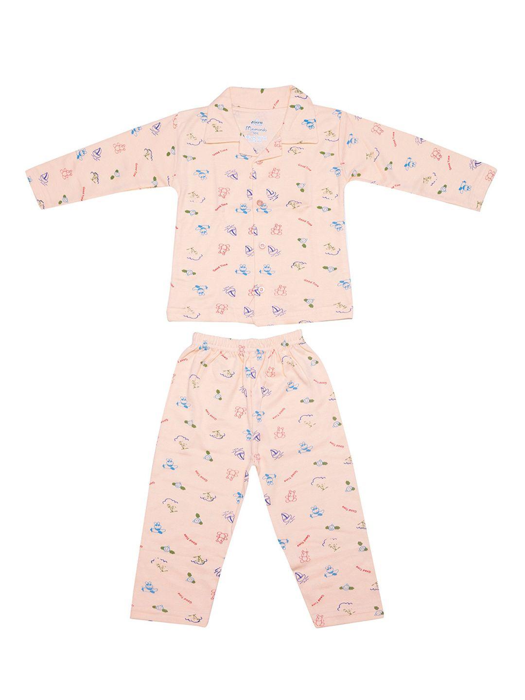 zoom minimondo kids peach-coloured printed pure cotton night suit