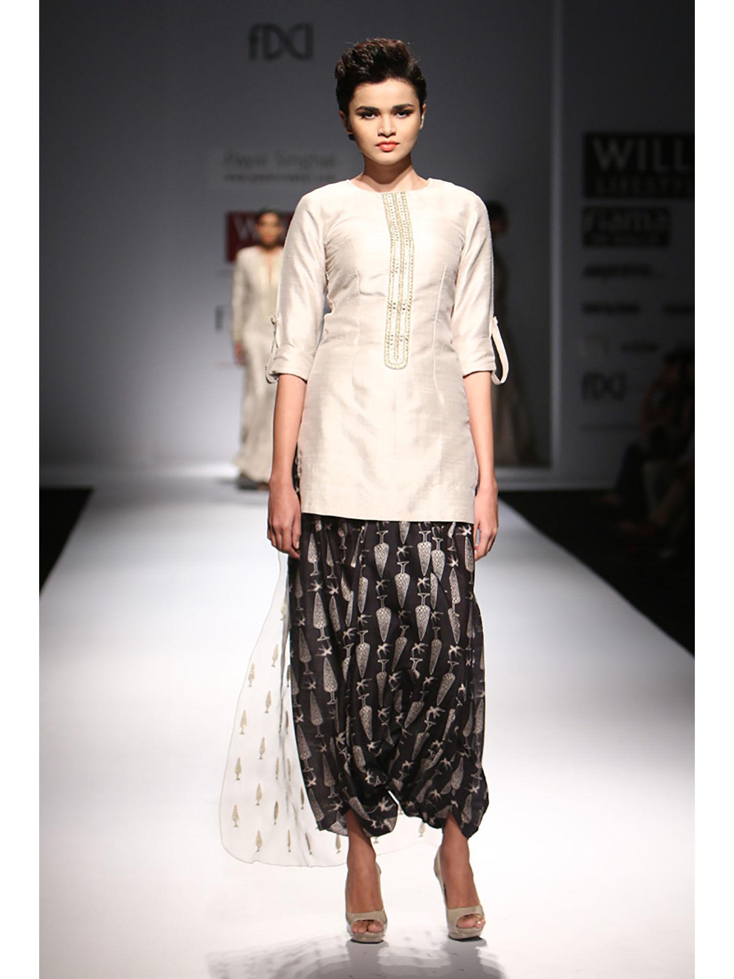 zooni stone silk & organza kurta with printed silkmul dhoti skirt (set of 2)