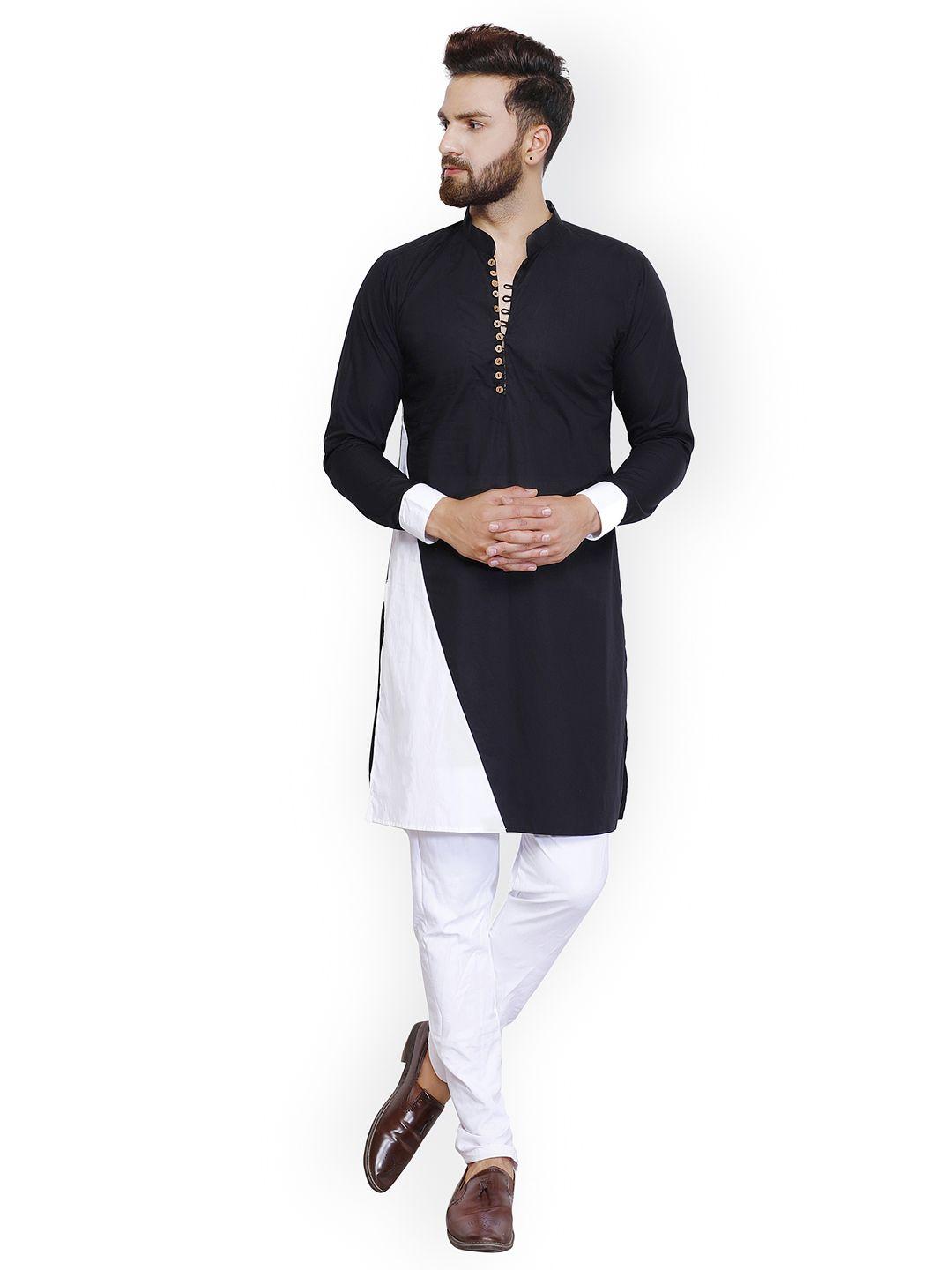 zotw men black & white colourblocked straight kurta