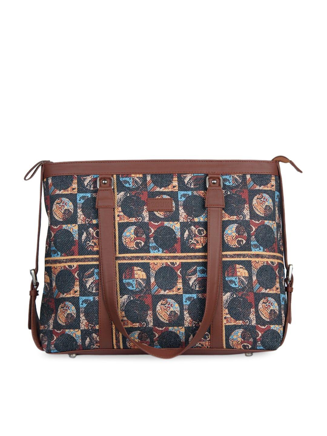 zouk charcoal grey & yellow printed leather handcrafted 16 inch laptop sustainable shoulder bag