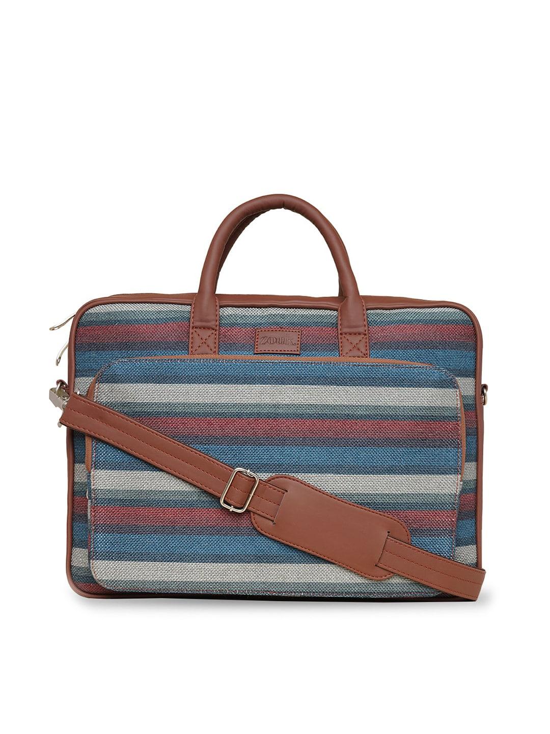 zouk men blue & brown striped laptop bag