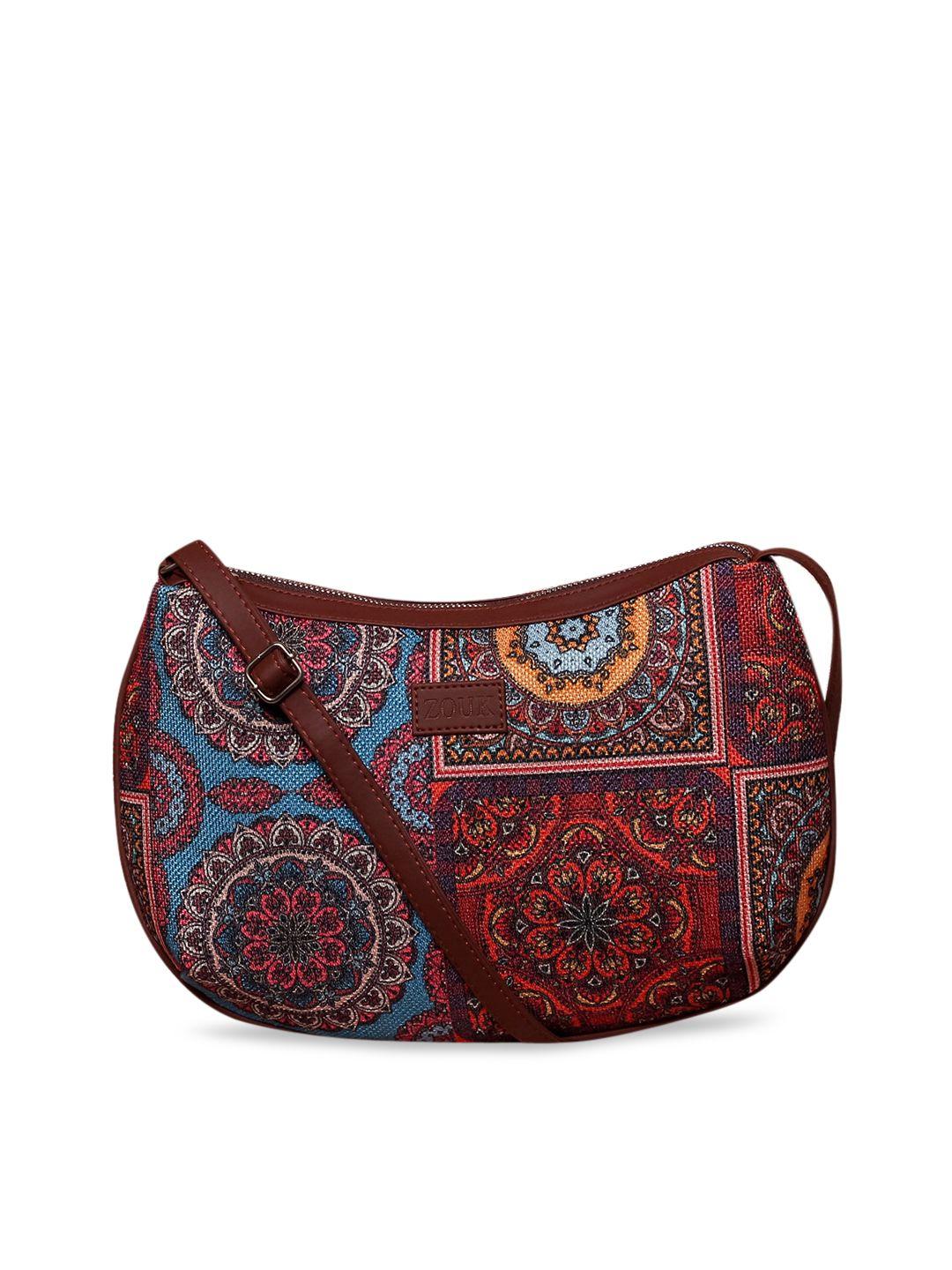 zouk multicoloured ethnic motifs printed half moon sling bag