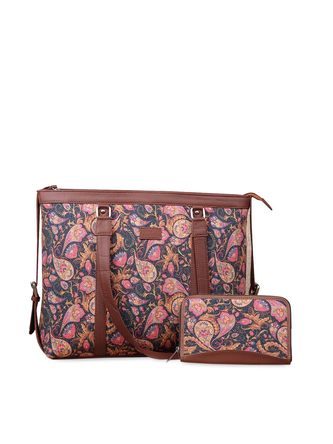 zouk pink floral printed structured shoulder bag and wallet combo