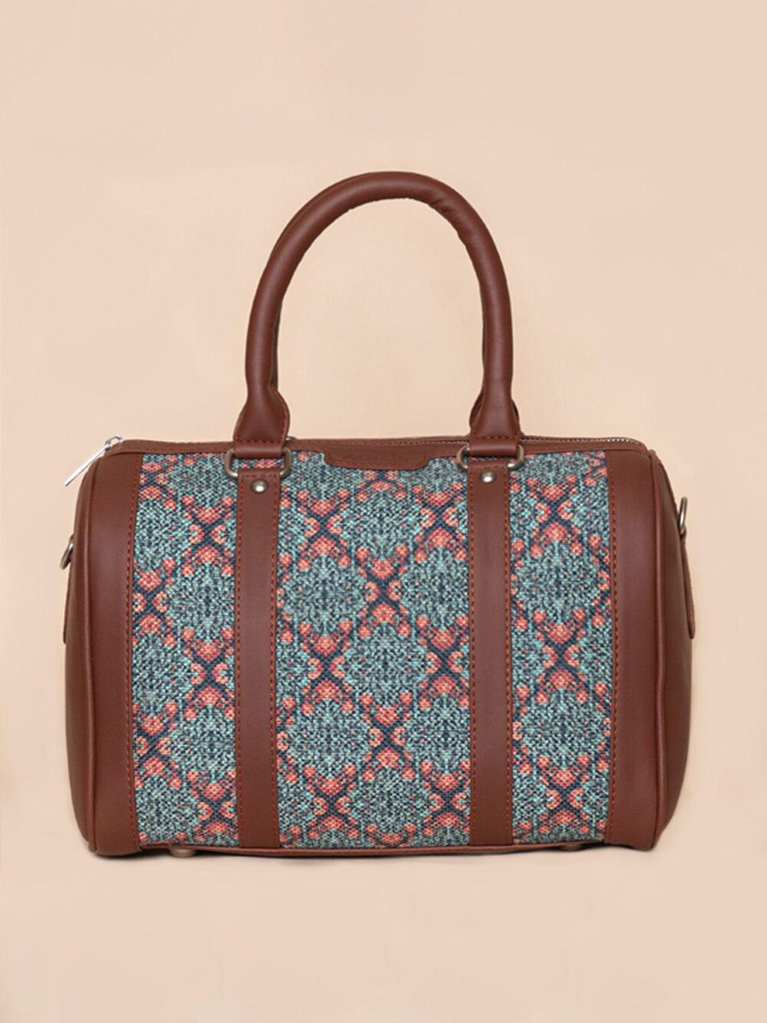 zouk teal & pink ethnic motifs printed structured handheld bag