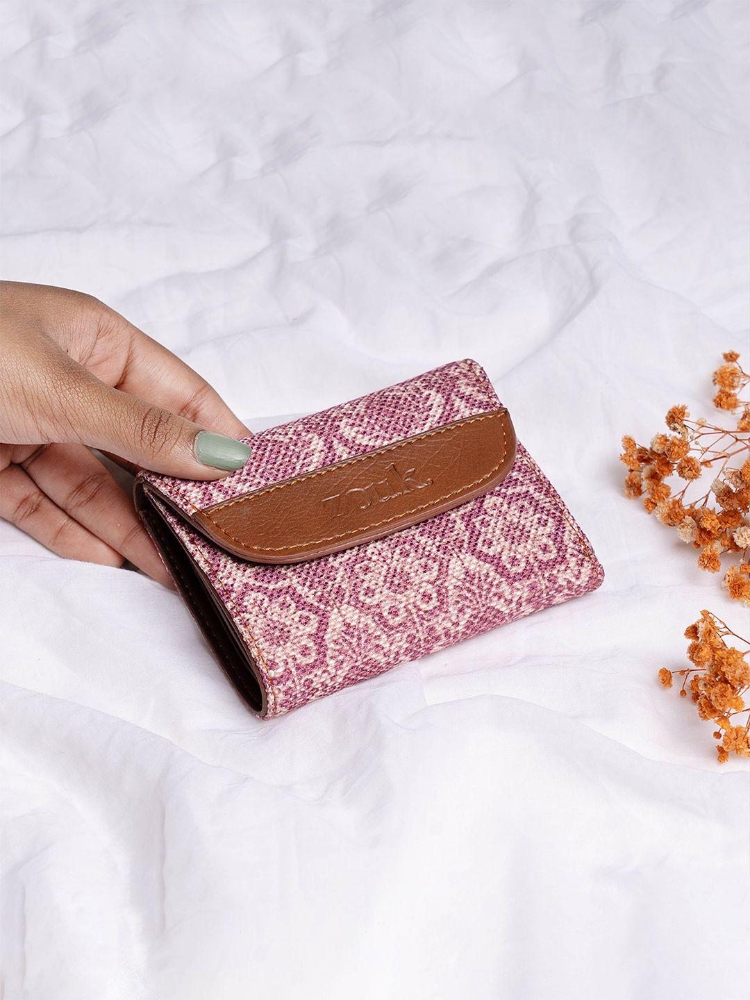 zouk women pink & brown floral printed three fold wallet