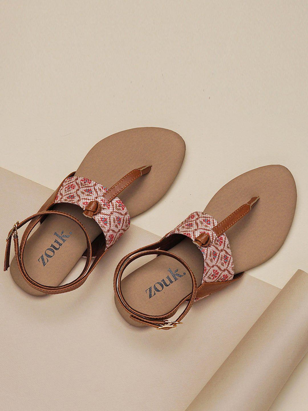 zouk women pink printed t-strap flats with buckles