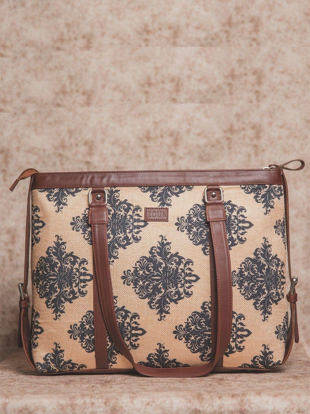 zouk beige ethnic mughal motif printed vegan leather 16 inch laptop sustainable shoulder bag