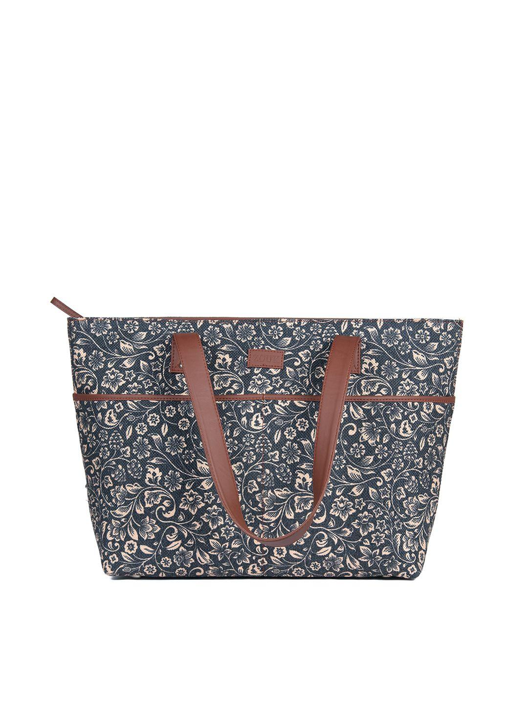 zouk black floral printed oversized structured tote bag