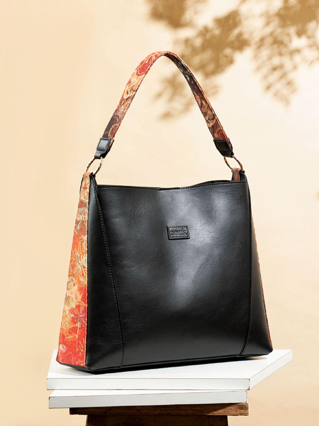 zouk black floral printed vegan leather bucket tote bag