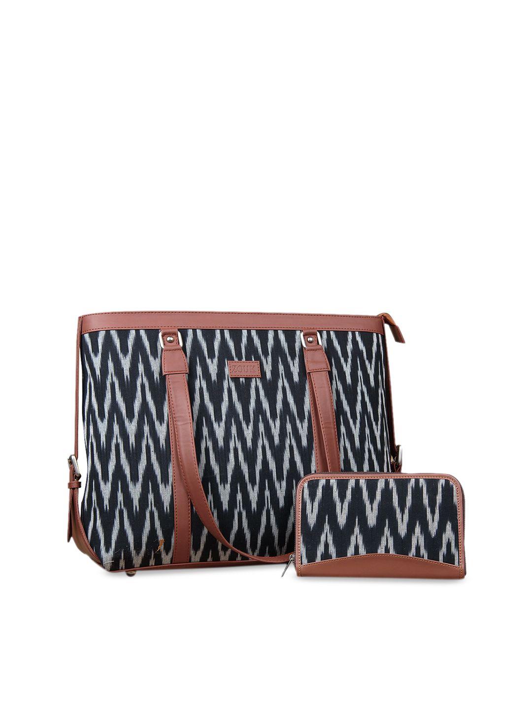 zouk black ikat vegan leather office bag with laptop compartment and chain wallet combo