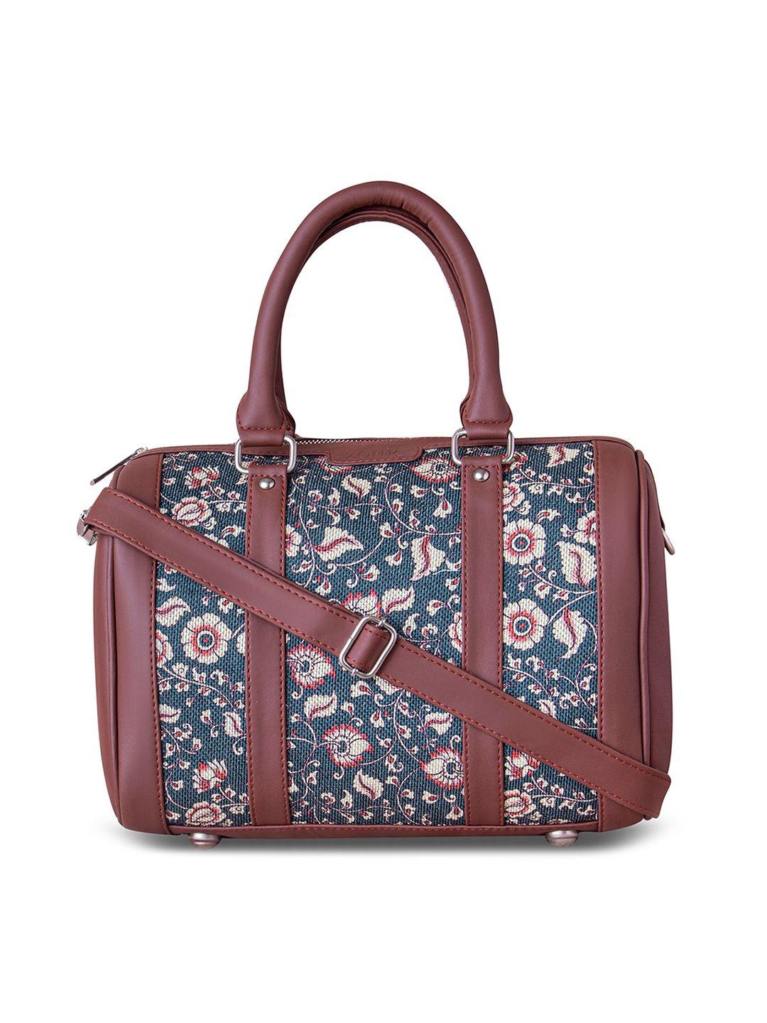 zouk blue floral printed structured handheld bag with tasselled