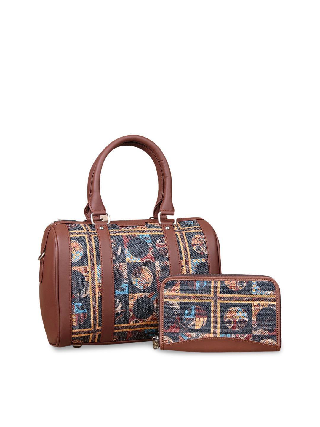 zouk brown printed oversized structured handheld bag with wallet