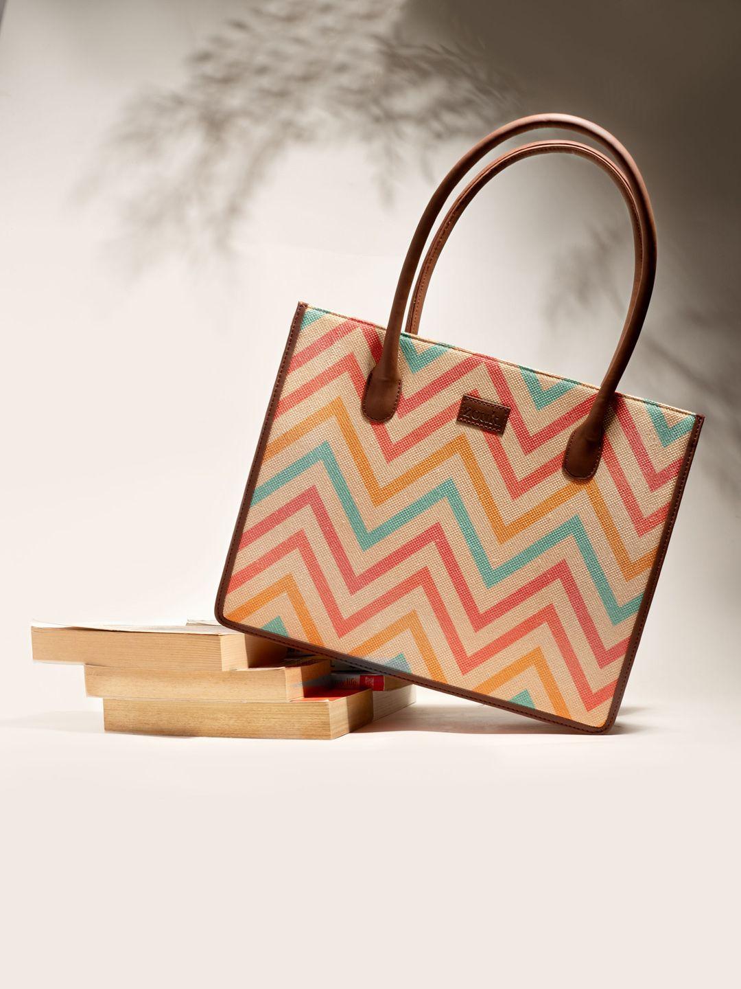 zouk chevron printed oversized shopper jute tote bag