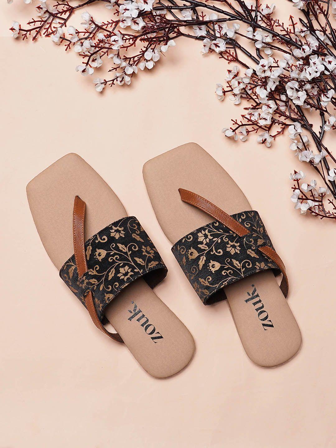 zouk floral printed fabric open toe flats