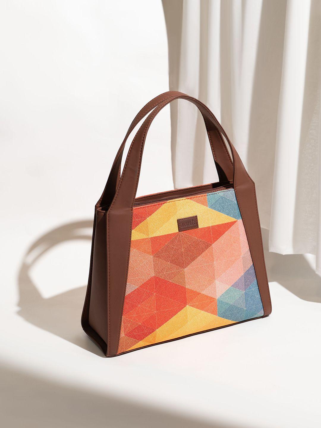 zouk geometric printed structured jute handheld bag