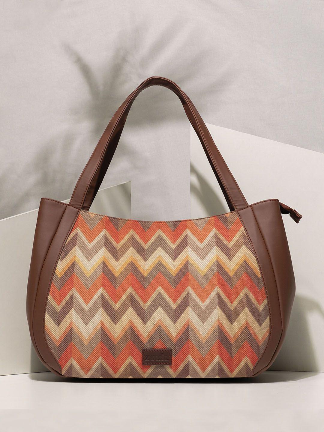 zouk geometric printed structured jute shoulder bag up to 16 inch