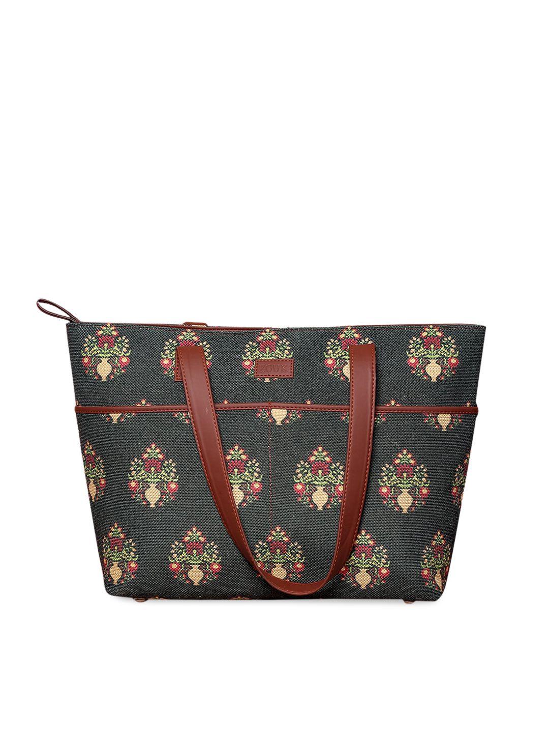 zouk green floral printed structured tote bag