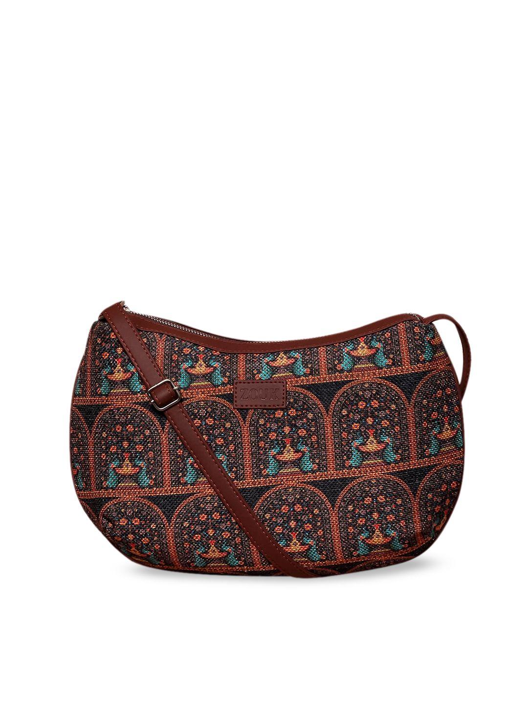 zouk multicoloured ethnic motifs half moon sling bag