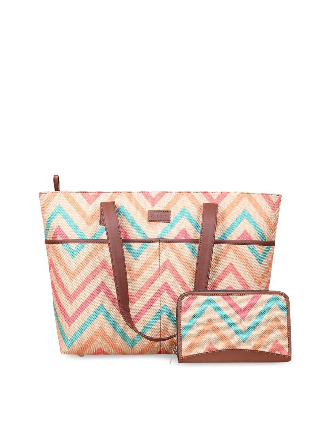 zouk multicoloured geometric printed oversized structured tote bag and wallet