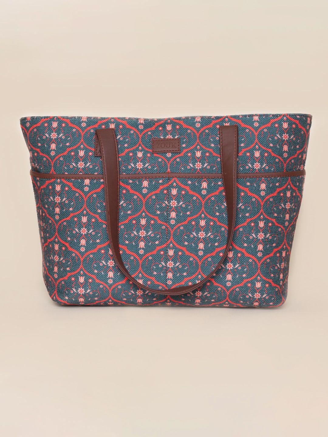 zouk navy blue ethnic motifs printed jute structured tote bag