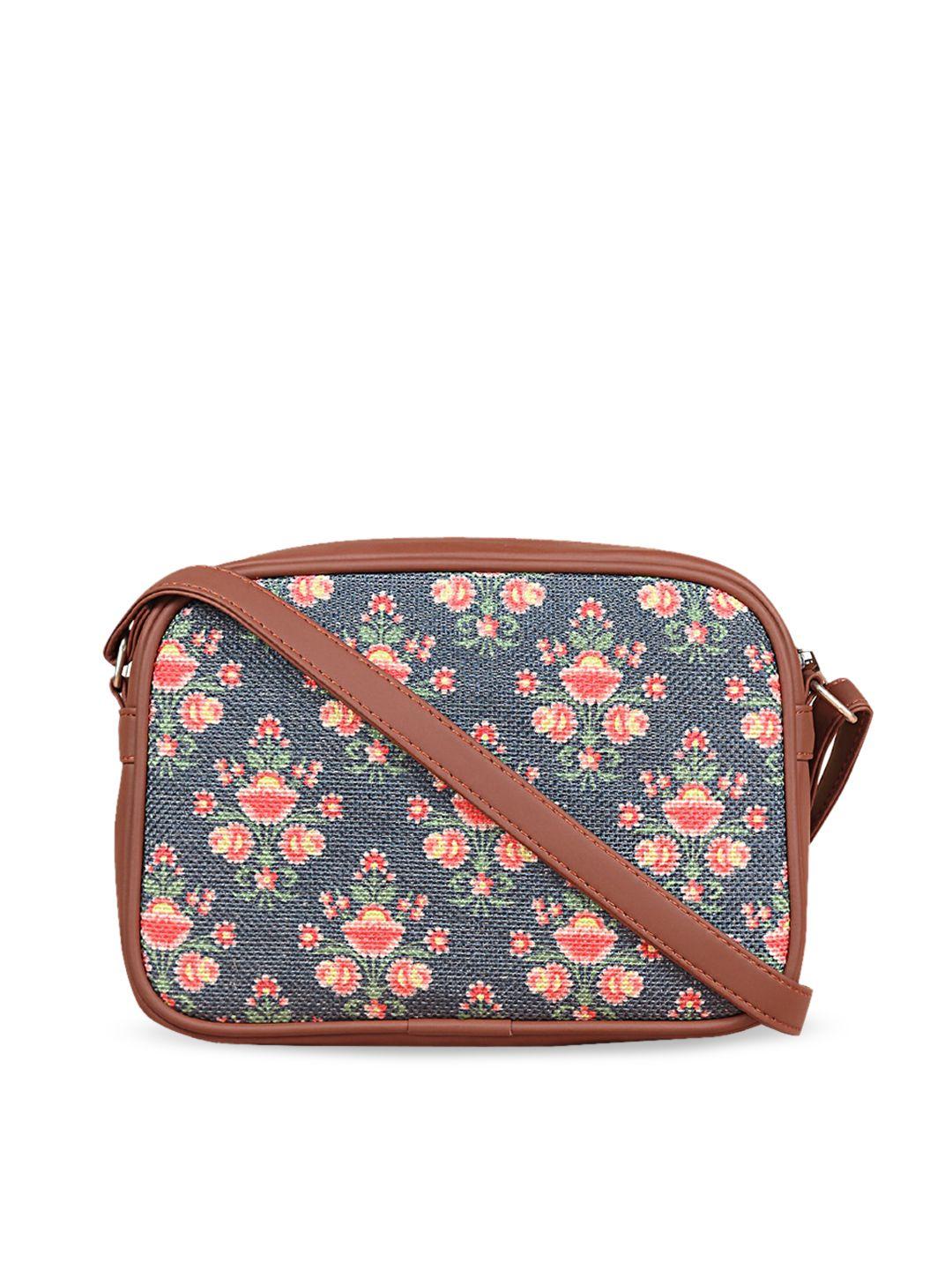 zouk navy blue floral printed structured sling bag with tasselled