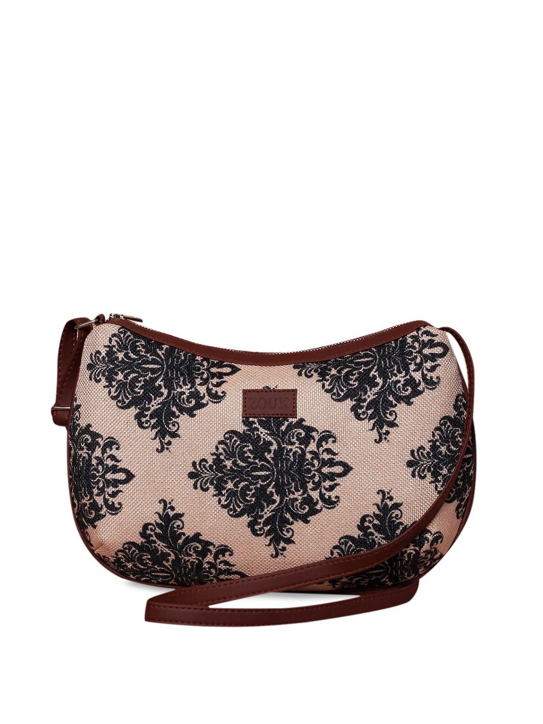 zouk peach-coloured & black ethnic motifs printed sling bag