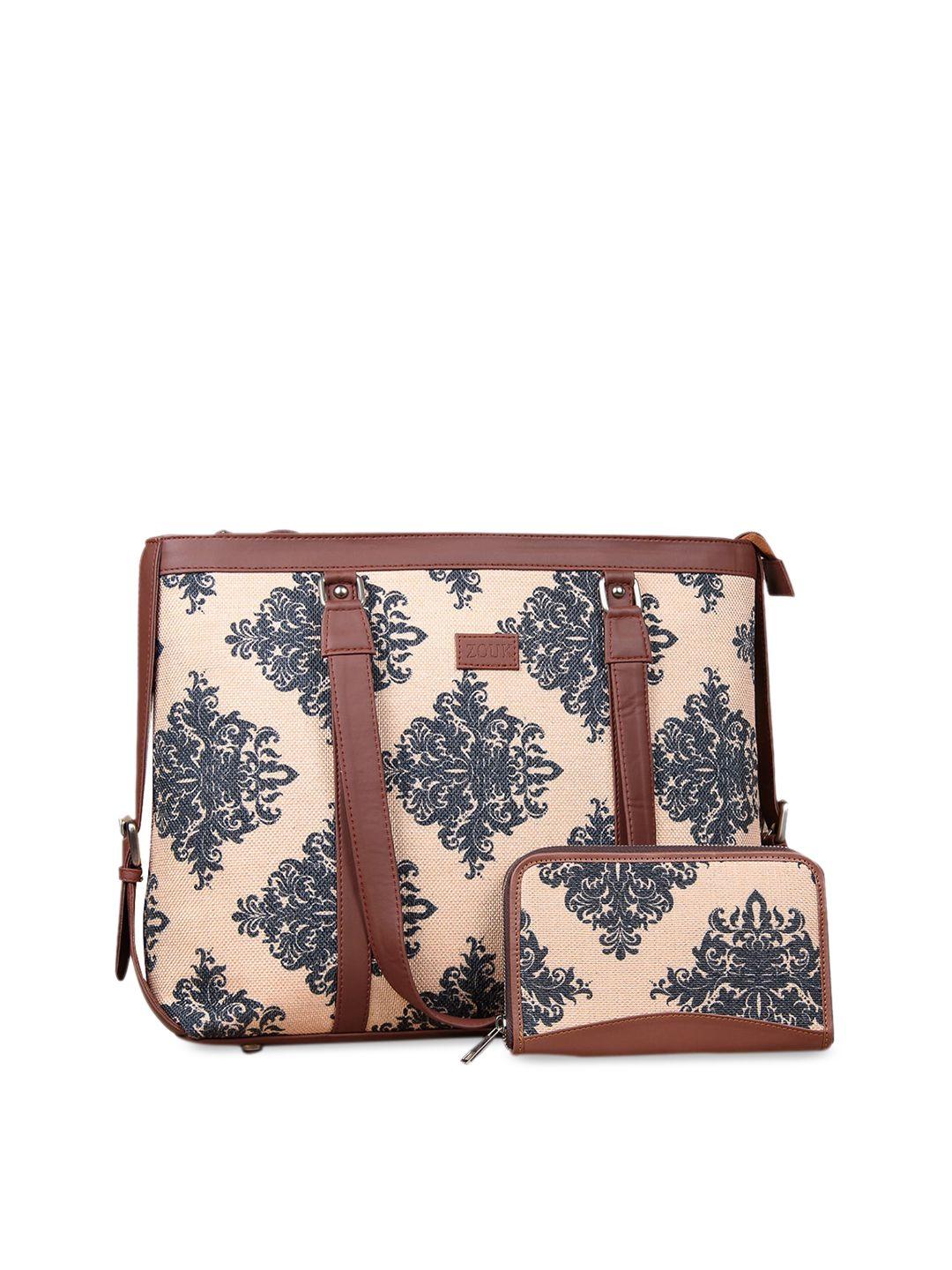 zouk peach-coloured ethnic motifs print shoulder bag with laptop pocket & chain wallet