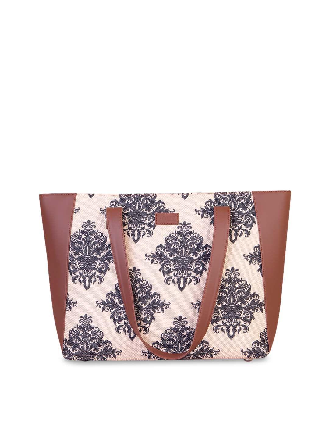 zouk peach-coloured floral printed structured tote bag