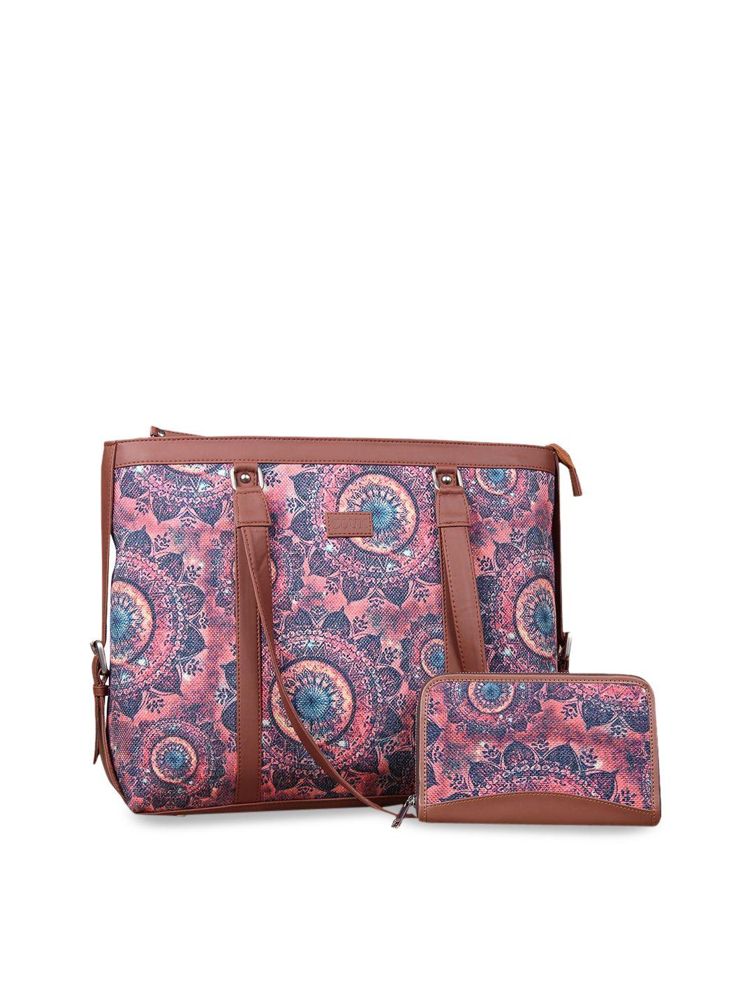 zouk pink ethnic motifs printed structured shoulder bag with chain wallet