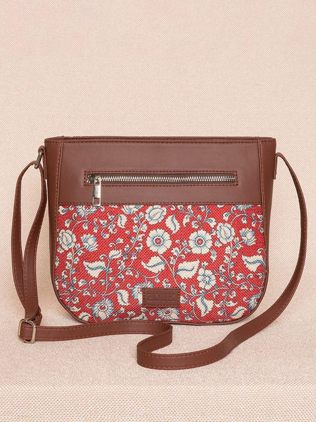 zouk red floral printed structured sling bag