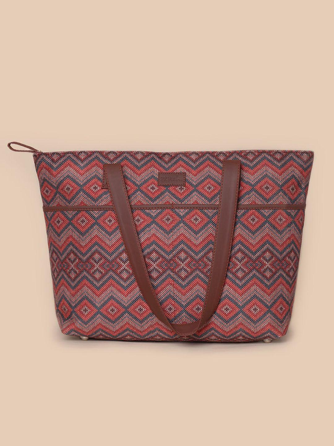 zouk red geometric oversized structured tote bag