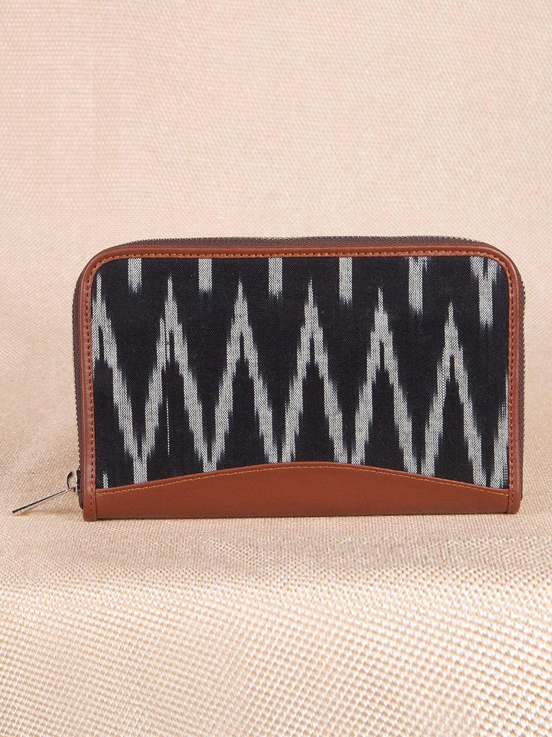 zouk women black & white printed vegan leather zip around sustainable wallet