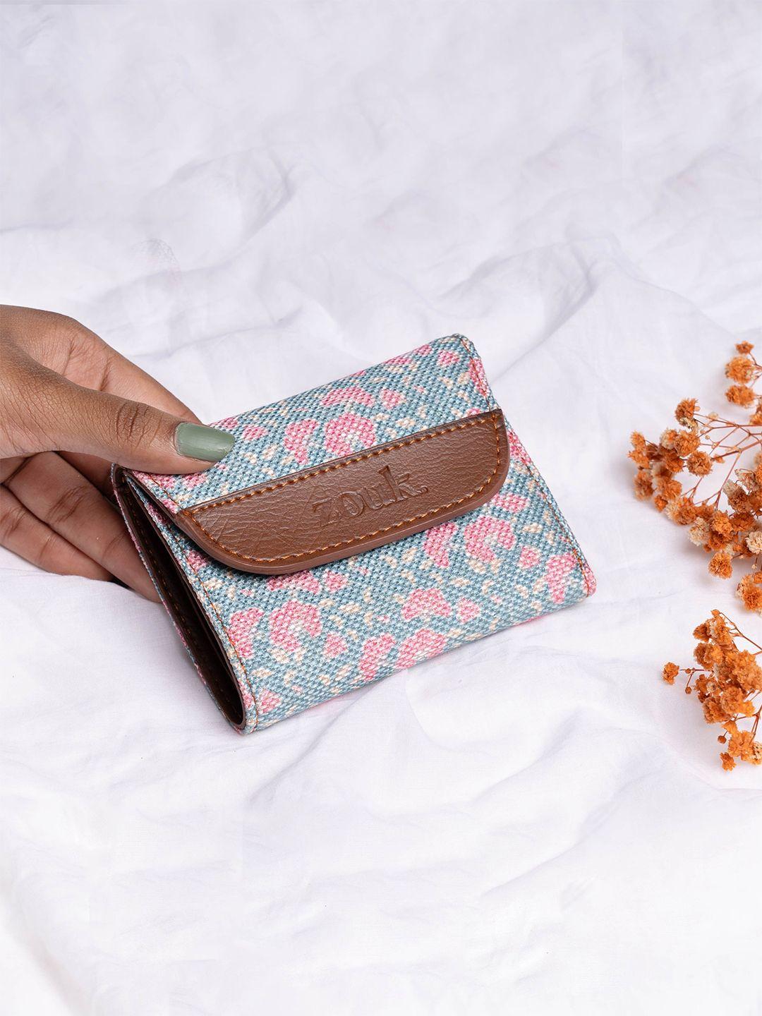 zouk women blue & pink floral printed three fold wallet