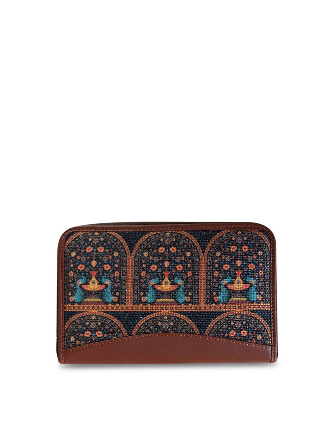 zouk women brown & blue ethnic motifs printed zip around wallet with sim card holder